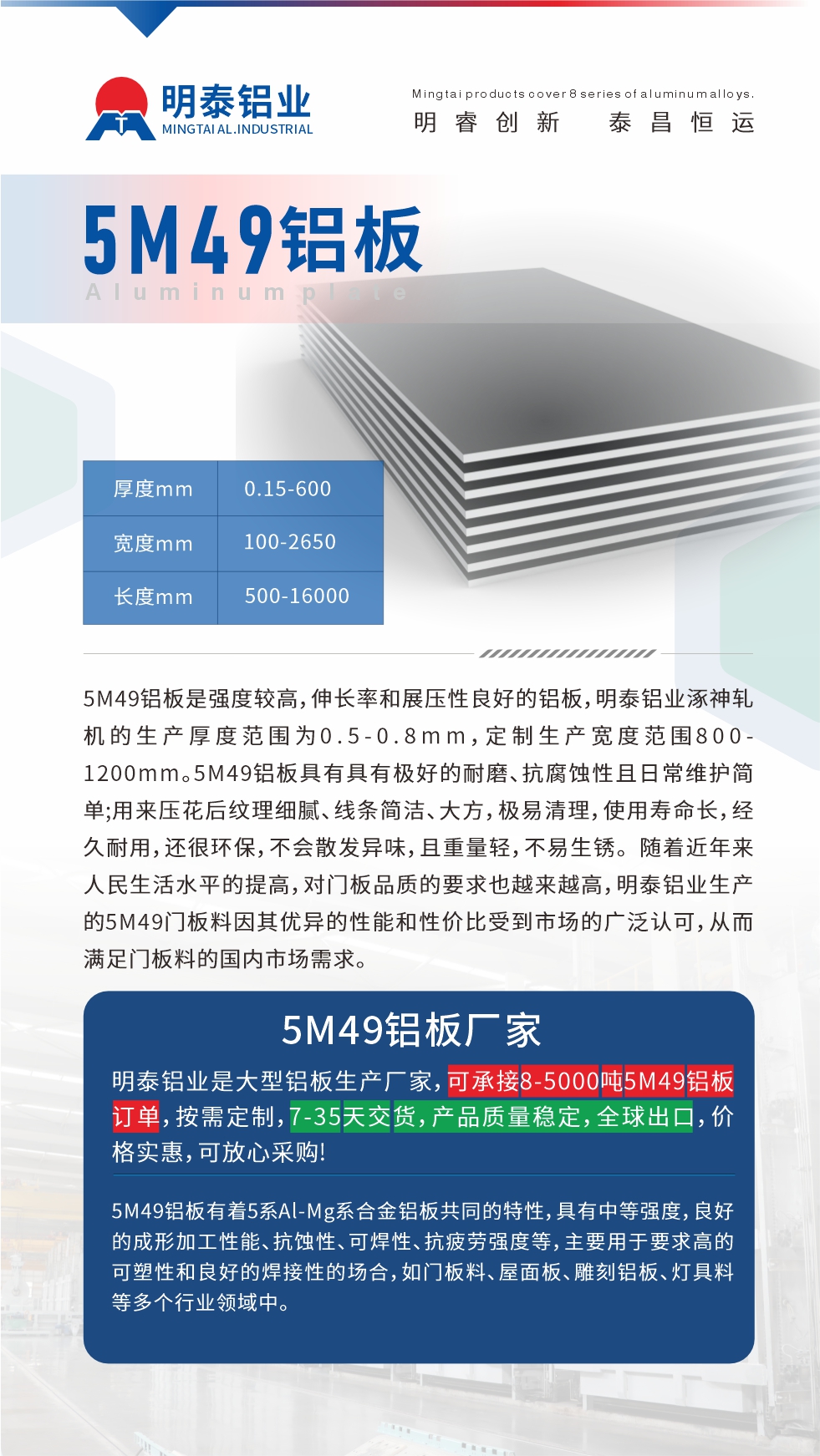 5M49鋁板是強(qiáng)度較高，伸長率和展壓性良好的鋁板，明泰鋁業(yè)涿神軋機(jī)的生產(chǎn)厚度范圍為0.5-0.8mm，定制生產(chǎn)寬度范圍800-1200mm。5M49鋁板具有具有極好的耐磨、抗腐蝕性且日常維護(hù)簡單;用來壓花后紋理細(xì)膩、線條簡潔、大方，極易清理，使用壽命長，經(jīng)久耐用，還很環(huán)保，不會(huì)散發(fā)異味，且重量輕，不易生銹。 隨著近年來人民生活水平的提高，對門板品質(zhì)的要求也越來越高，明泰鋁業(yè)生產(chǎn)的5M49門板料因其優(yōu)異的性能和性價(jià)比受到市場的廣泛認(rèn)可，從而滿足門板料的國內(nèi)市場需求。
