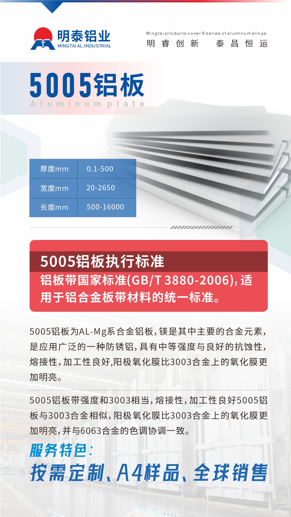 產(chǎn)品介紹

5005鋁板為AL-Mg系合金鋁板，鎂是其中主要的合金元素，是應(yīng)用廣泛的一種防銹鋁，具有中等強(qiáng)度與良好的抗蝕性，熔接性，加工性良好,陽極氧化膜比3003合金上的氧化膜更加明亮。

5005鋁板帶強(qiáng)度和3003相當(dāng)，熔接性，加工性良好5005鋁板與3003合金相似，陽極氧化膜比3003合金上的氧化膜更加明亮，并與6063合金的色調(diào)協(xié)調(diào)一致。服務(wù)特色：按需定制、A4樣品、全球銷售!

