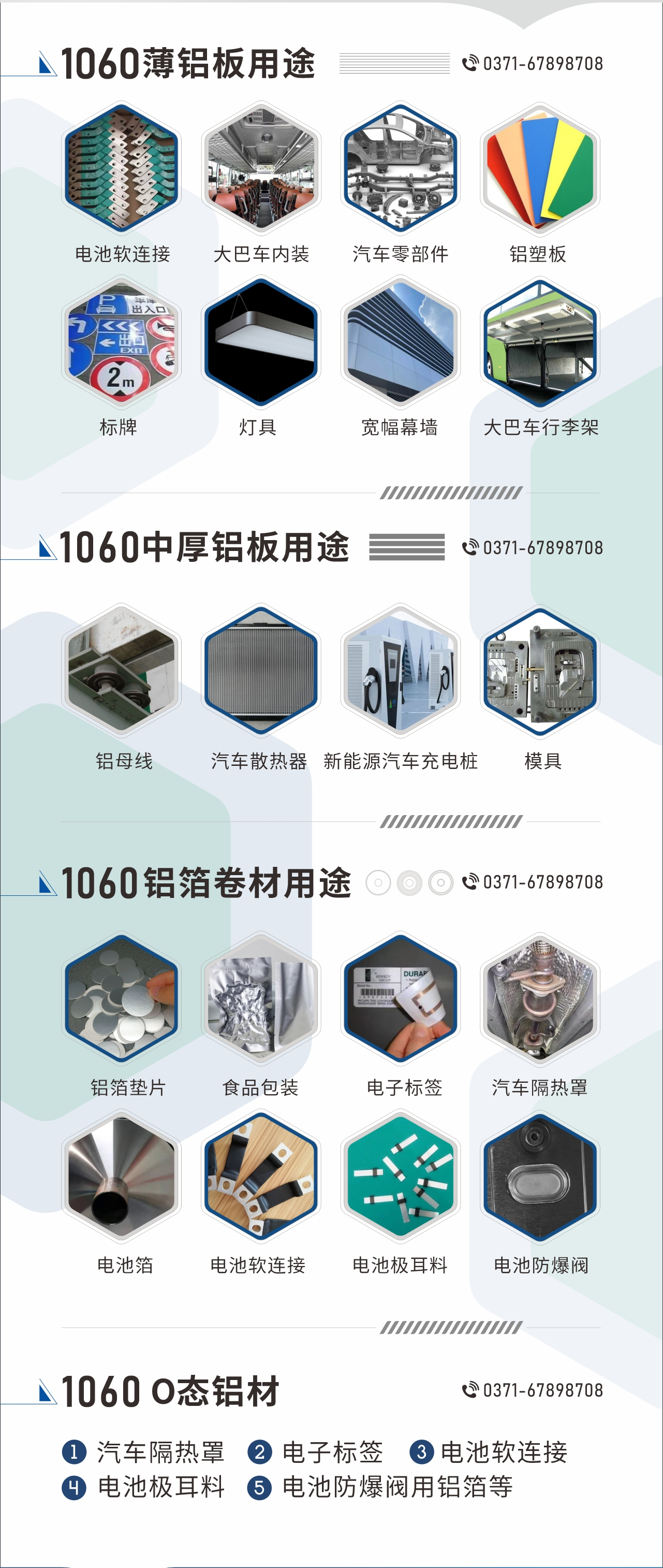 1060鋁板卷用途
　　1060鋁薄板用途： 電池軟連接、大巴車內裝、汽車零部件、鋁塑板、標牌、燈具、寬幅幕墻、大巴車行李架/地板/花紋板(宇通公司使用)等;1060中厚鋁板用途：鋁母線、汽車散熱器、新能源汽車充電樁、模具等;1060鋁箔卷材用途：鋁箔墊片、食品包裝、電子標簽、汽車隔熱罩用鋁箔、電池箔、電池軟連接、電池極耳料、電池防爆閥等;1060-O態(tài)鋁材用途：汽車隔熱罩、電子標簽、電池軟連接、電池極耳料、電池防爆閥用鋁箔等;1060鋁板多少錢1噸.1060鋁板價格=發(fā)貨當天長江鋁錠價+加工費